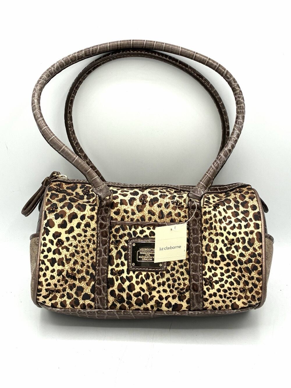 Liz Claiborne Leopard Purse NOS Y2K Beaded Faux Croc Shoulder Bag 9”